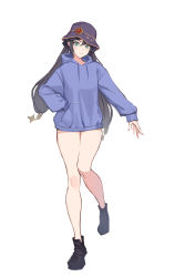 Rule 34 | 1girl, alternate costume, bare legs, black hair, commentary, contemporary, english commentary, full body, genshin impact, hair between eyes, hand in pocket, hat, highres, hood, hood down, hoodie, jason kim, long hair, long sleeves, looking at viewer, mona (genshin impact), purple hat, shoes, simple background, solo, twintails, very long hair, white background