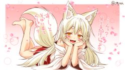 Rule 34 | 1girl, animal ear fluff, animal ears, barefoot, blush, breasts, cleavage, crossed legs, eyebrows, fang, female focus, fox ears, fox tail, full body, gradient background, highres, japanese clothes, kohaku (yua), long hair, looking at viewer, lying, miko, on stomach, open mouth, original, petals, pink background, slit pupils, smile, solo, tail, thick eyebrows, twitter username, white background, white hair, yellow eyes, yua (checkmate)