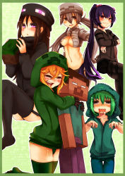 Rule 34 | 2boys, 4girls, :&lt;, ander (at2.), andr, at2., blush, breasts, cleavage, closed eyes, creeparka, creeper, cupa (at2.), enderman, green hair, grey hair, hair bobbles, hair ornament, harem, herobrine, highres, long hair, minecraft, multiple boys, multiple girls, navel, open mouth, personification, purple eyes, red eyes, short hair, skeleton (minecraft), spider (minecraft), thighhighs, twintails, very long hair, zombie (minecraft)