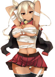 Rule 34 | 10s, 1girl, arms up, bandages, black thighhighs, blonde hair, blush, breasts, budget sarashi, dark-skinned female, dark skin, fingerless gloves, glasses, gloves, headgear, highres, kantai collection, long hair, looking at viewer, musashi (kancolle), nitoridio, personification, pointy hair, red eyes, sarashi, skirt, smile, solo, thighhighs, twintails