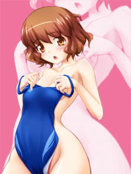 Rule 34 | 1girl, brown eyes, brown hair, clothes in front, competition swimsuit, covering privates, dha, ikoma minami, kami nomi zo shiru sekai, nude, nude cover, one-piece swimsuit, short hair, solo, swimsuit, zoom layer