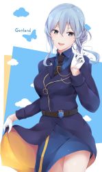 Rule 34 | 1girl, belt, black necktie, blue dress, blue eyes, blue hair, blue shirt, blue skirt, blush, breasts, bug, butterfly, chain, character name, cloud, coat dress, collared shirt, cowboy shot, dirk, dress, gloves, gotland (kancolle), gotland andra (kancolle), hair between eyes, hair bun, half gloves, highres, index finger raised, insect, jenson tw, kantai collection, long hair, long sleeves, looking at viewer, medium breasts, military, military uniform, mole, mole under eye, neckerchief, necktie, open mouth, shirt, sidelocks, simple background, single hair bun, skirt, smile, solo, uniform, white gloves