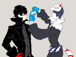 Rule 34 | 10s, 2boys, amamiya ren, bad id, bad pixiv id, black coat, black hair, blue gloves, blue hair, coat, domino mask, finger frame, fox mask, gloves, grey background, hand on own hip, kitagawa yuusuke, looking at another, male focus, mask, mask on head, multiple boys, persona, persona 5, popped collar, puffy sleeves, purinnkawayusu, red gloves, simple background
