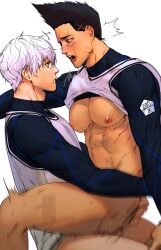 Rule 34 | 2boys, abs, absurdres, anal, bara, bare pectorals, barou shouei, bite mark, black hair, black shirt, blue lock, blush, bottomless, clothes lift, fatcat, highres, large pectorals, male focus, male penetrated, multiple boys, muscular, muscular male, nagi seishirou, naked shirt, navel, nipples, open mouth, pectorals, saliva, sex, shirt, shirt lift, short hair, simple background, sitting, sitting on person, tank top, tongue, tongue out, white background, white hair, white tank top, yaoi
