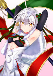 Rule 34 | 1girl, ahoge, armpits, arms behind head, arms up, bell, black bra, black gloves, blush, bra, breasts, capelet, cleavage, commentary, crying, crying with eyes open, elbow gloves, embarrassed, fate/grand order, fate (series), flag, fur trim, gloves, green ribbon, hair ribbon, headpiece, highres, jeanne d&#039;arc (fate), jeanne d&#039;arc alter (fate), jeanne d&#039;arc alter santa lily (fate), light frown, looking at viewer, pink background, red ribbon, ribbon, simple background, small breasts, solo, striped ribbon, tears, underwear, upper body, work2, yellow eyes