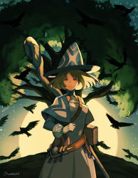 Rule 34 | 1girl, belt, bird, book, brown hair, capelet, crow, fantasy, full moon, gloves, hat, looking at viewer, moon, muraicchi (momocchi), original, red eyes, short hair, solo, staff, witch, witch hat