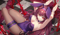 Rule 34 | 1girl, animal ears, arms up, bare shoulders, blush, breasts, checkered floor, cleavage, commentary request, detached collar, detached sleeves, fake animal ears, fate/grand order, fate (series), gabiran, gae bolg (fate), hair between eyes, highleg, highleg leotard, highres, large breasts, leotard, long hair, looking at viewer, official alternate costume, pantyhose, playboy bunny, purple hair, purple leotard, rabbit ears, red eyes, red hair, scathach (fate), scathach (piercing bunny) (fate), smile, solo, thigh strap, thighs, wrist cuffs
