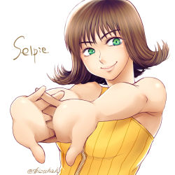 Rule 34 | 1girl, breasts, brown hair, character name, closed mouth, final fantasy, final fantasy viii, flipped hair, green eyes, hatsutori, interlocked fingers, looking at viewer, own hands clasped, own hands together, selphie tilmitt, short hair, simple background, smile, solo, white background