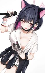Rule 34 | 1girl, absurdres, animal ears, black hair, black jacket, blue archive, bob cut, bracelet, breasts, cat ears, cat girl, clothes around waist, clothes pull, clothes writing, colored inner hair, commentary request, halo, highres, holding, holding microphone, hyouta (yoneya), jacket, jacket around waist, jewelry, kazusa (blue archive), looking at viewer, medium breasts, microphone, multicolored hair, nipples, pink eyes, pink hair, pink halo, pulled by self, shirt, shirt pull, simple background, skirt, solo, standing, thighs, tongue, tongue out, two-tone hair, white background, white shirt, white skirt