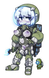 Rule 34 | 1girl, :d, alien, black eyes, bodysuit, boots, breasts, cleft of venus, colored nipples, colored skin, contrapposto, creature and personification, detached sleeves, full body, gloves, green bodysuit, green gloves, green sleeves, grey hair, grey skin, hand on own hip, heart, heart-shaped pupils, helmet, holding, holding wrench, large breasts, long sleeves, martian engineer, no nose, nyong nyong, open mouth, personification, purple nipples, purple pussy, pussy, short hair, simple background, smile, solo, space helmet, standing, symbol-shaped pupils, terraria, thigh boots, torn bodysuit, torn clothes, uncensored, white background, wrench