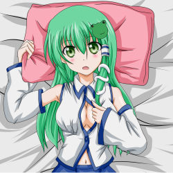 Rule 34 | 1girl, bare shoulders, blush, breasts, cleavage, detached sleeves, female focus, frog, frog hair ornament, green eyes, green hair, hair ornament, hair tubes, highres, kochiya sanae, long hair, looking at viewer, lying, matching hair/eyes, medium breasts, midriff, navel, on back, open clothes, open mouth, open shirt, pillow, shirt, skirt, snake, solo, takumi (rozen garten), touhou