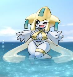 Rule 34 | 1girl, bikini, black sclera, blush, breasts, cloud, colored sclera, colored skin, creatures (company), cross bikini, curvy, day, eyelashes, female focus, full body, game freak, gen 3 pokemon, gipehtyboo, highres, in water, jirachi, large breasts, legendary pokemon, leglet, looking at viewer, mythical pokemon, nintendo, ocean, one eye closed, open mouth, outdoors, outstretched arms, pokemon, shiny clothes, shiny skin, shortstack, sky, smile, solo, sparkle, standing, swimsuit, thick thighs, thighs, white eyes, white skin, wide hips, wink, yellow bikini