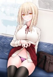 Rule 34 | 1girl, bag, black thighhighs, blonde hair, blush, clothes lift, collared shirt, commentary request, heart, heart print, highres, lifted by self, long hair, long sleeves, looking at viewer, navel, neck ribbon, oouso, original, panties, pink panties, print panties, red ribbon, red skirt, ribbon, school bag, school uniform, shirt, sitting, skirt, skirt lift, solo, sweatdrop, thighhighs, underwear, white shirt, yellow eyes