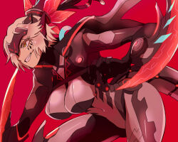 Rule 34 | 1girl, arm blade, blonde hair, bodysuit, breasts, dinomorphia kentregina, duel monster, facial mark, forehead protector, hayupipipipi, large breasts, red background, reptile girl, short hair, simple background, slit pupils, smirk, solo, tail, weapon, yellow eyes, yu-gi-oh!