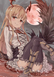 Rule 34 | 10s, 1girl, absurdres, bat wings, black skirt, black thighhighs, blonde hair, blush, boots, breasts, closed mouth, collared shirt, convenient leg, crossed legs, dark sky, ebifurya, eyebrows, fang, fang out, flower, frills, full body, full moon, granblue fantasy, head wings, highres, knee boots, long hair, long sleeves, looking at viewer, moon, outdoors, petticoat, pointy ears, red eyes, red flower, red moon, red rose, rose, shingeki no bahamut, shirt, sidelocks, sitting, skirt, sky, small breasts, smile, solo, thighhighs, thighs, vampy, wading, water, white shirt, wings