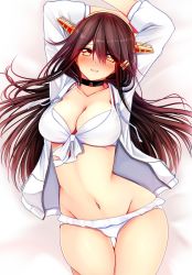 Rule 34 | 10s, 1girl, adapted costume, alternate costume, arms up, bikini, black hair, blush, breasts, choker, cleavage, commentary request, female focus, hair between eyes, hair ornament, hairclip, haruna (kancolle), headgear, highres, kantai collection, large breasts, long hair, looking at viewer, lying, navel, solo, stomach, swimsuit, tsukui kachou, white bikini, yellow eyes