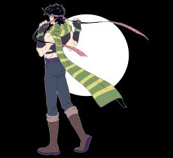Rule 34 | 1boy, battle tendency, black hair, boots, crop top, denim, fingerless gloves, from behind, gloves, green scarf, headband, highres, jeans, jojo no kimyou na bouken, joseph joestar, joseph joestar (young), knee boots, male focus, midriff, multicolored clothes, multicolored scarf, pants, pickieeeee, scarf, solo, striped clothes, striped scarf, triangle print, vertical-striped clothes, vertical-striped scarf, yellow scarf
