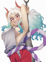 Rule 34 | 1girl, absurdres, aqua hair, breasts, gradient hair, highres, holding, holding weapon, horns, japanese clothes, kobaji, large breasts, long hair, looking at viewer, multicolored hair, one piece, red eyes, red horns, sideboob, simple background, smile, solo, weapon, white background, white hair, yamato (one piece)