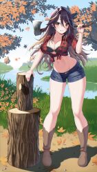 Rule 34 | 1girl, absurdres, axe, black bra, black hair, blue sky, boots, bra, breasts, brown footwear, collarbone, commentary, commission, day, denim, denim shorts, full body, grass, grey eyes, grin, highres, himeliofon, holding, holding axe, large breasts, log, long hair, looking at viewer, lua asuka, midriff, navel, production kawaii, red shirt, shirt, short shorts, short sleeves, shorts, sky, smile, solo, standing, stomach, thighs, tied shirt, tree, underwear, very long hair, virtual youtuber