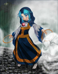 Rule 34 | 1girl, blue eyes, blue hair, clenched hand, colored eyelashes, date8619, full body, highres, holding, hood, jewelry, kesa, kumoi ichirin, long hair, long sleeves, necklace, open mouth, pendant, rain, socks, standing, touhou, ufo, unzan, wet, wide sleeves
