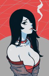 Rule 34 | 1girl, akairiot, black hair, breasts, cigarette, cleavage, collar, hair over one eye, highres, jacket, large breasts, long hair, looking at viewer, open clothes, open jacket, original, simple background, smoke, smoking, solo, spiked collar, spikes