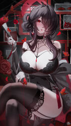 Rule 34 | 1girl, absurdres, bare shoulders, black garter straps, black hair, black thighhighs, blue archive, blush, detached sleeves, eyes visible through hair, feet out of frame, folding fan, garter straps, hair over one eye, halo, hand fan, highres, holding, holding fan, kokuriko (blue archive), long hair, long sleeves, looking at viewer, parted lips, red eyes, red halo, sitting, solo, tansuan (ensj3875), thighhighs, thighs