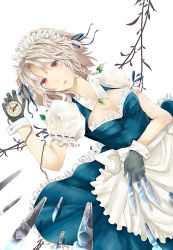 Rule 34 | 1girl, absurdres, assa 2, between fingers, black gloves, blue ribbon, braid, breasts, chain, cleavage, clock, dress, gloves, green ribbon, hair ribbon, highres, holding, holding knife, izayoi sakuya, knife, knives between fingers, lying, maid, maid headdress, medium breasts, on back, pocket watch, red eyes, ribbon, short hair, silver hair, solo, touhou, watch