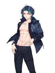 Rule 34 | 1boy, abs, ahoge, alternate costume, aqua hair, black nails, black pants, closed mouth, collarbone, commentary, embarrassed, english commentary, expressionless, eyeliner, facial mark, forehead mark, genshin impact, highres, instagram username, jacket, long sleeves, looking at viewer, male focus, muscular, muscular male, nail polish, navel, open clothes, open jacket, pants, parted bangs, pectorals, red eyeliner, rourouki, simple background, solo, thigh strap, twitter username, white background, xiao (genshin impact)