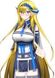 Rule 34 | 1girl, absurdly long hair, absurdres, arknights, arms behind back, bare shoulders, black skirt, blonde hair, blue eyes, blue hairband, blue necktie, blush, breasts, commentary request, cowboy shot, disembodied hand, elbow gloves, gloves, hair between eyes, hairband, highres, horns, large breasts, long hair, looking at viewer, miniskirt, necktie, pointing, pointy ears, saileach (arknights), shirt, simple background, skirt, solo focus, standing, strapless, strapless shirt, thighhighs, uiru (uiruuun), very long hair, white background, white shirt, zettai ryouiki
