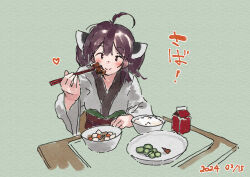 Rule 34 | 1girl, ahoge, blush, brown eyes, brown hair, chopsticks, closed mouth, dated, food, green background, headgear, holding, holding chopsticks, japanese clothes, kimono, lamb (hitsujiniku), long sleeves, looking at viewer, obi, rice, sash, simple background, smile, solo, table, touhoku kiritan, translation request, twintails, upper body, voiceroid, white kimono, wide sleeves