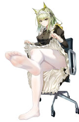 Rule 34 | 1girl, absurdres, animal ear fluff, animal ears, apron, arknights, ass, chair, clothes lift, commentary request, dress, feet, feet up, foot focus, frilled apron, frills, full body, green dress, green eyes, highres, kal&#039;tsit (arknights), legs, looking at viewer, maid, maid apron, maid headdress, no shoes, official alternate costume, panties, pantyhose, short hair, simple background, skirt, skirt lift, soles, solo, underwear, white apron, white background, white pantyhose, xo (xo17800108)