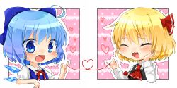 Rule 34 | 2girls, :3, :d, ^ ^, ahoge, ascot, blonde hair, blue eyes, blue hair, blush, cirno, closed eyes, collared shirt, dress, closed eyes, fang, hair ribbon, heart, heart of string, ice, ice wings, long sleeves, multiple girls, namino., open mouth, puffy short sleeves, puffy sleeves, ribbon, rumia, shirt, short hair, short sleeves, skin fang, smile, string, string of fate, string on pinky, touhou, wings, yuri