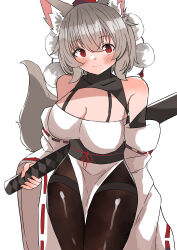 Rule 34 | 1girl, absurdres, animal ears, bare shoulders, breasts, cleavage, detached sleeves, hat, highres, inubashiri momiji, katana, large breasts, looking at viewer, pantyhose, red eyes, regua, sheath, short hair, smile, sword, tail, tokin hat, touhou, weapon, wolf ears, wolf tail