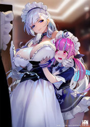 Rule 34 | 2girls, ahoge, anchor print, apron, azur lane, bare shoulders, belfast (azur lane), blue eyes, blue hair, blue ribbon, blush, braid, breasts, chain, cleavage, closed mouth, collar, collarbone, commentary request, elbow gloves, french braid, frilled apron, frills, gloves, hair ribbon, half-closed eyes, han-0v0, highres, hololive, indoors, large breasts, long hair, looking at viewer, maid, maid headdress, medium breasts, minato aqua, minato aqua (1st costume), multicolored hair, multiple girls, nose blush, open mouth, pink eyes, purple hair, ribbon, short sleeves, side braid, silver hair, smile, streaked hair, twintails, very long hair, virtual youtuber, waist apron, weibo watermark, white apron, white gloves, white legwear, wrist cuffs