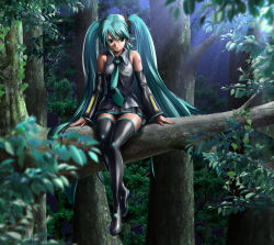 Rule 34 | 1girl, aqua hair, boots, detached sleeves, hatsune miku, headset, in tree, long hair, necktie, night, night sky, okaryuko, sitting, sitting in tree, skirt, sky, solo, star (sky), starry sky, thigh boots, thighhighs, tree, twintails, very long hair, vocaloid