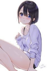 Rule 34 | 1girl, arm support, bare legs, bare shoulders, black hair, blue eyes, blush, bob cut, closed mouth, collarbone, feet out of frame, hair between eyes, highres, kinako (shiratama mochi), knees up, long sleeves, looking at viewer, off shoulder, original, short hair, signature, sitting, sleeves past wrists, solo, sweater, twitter username, white sweater