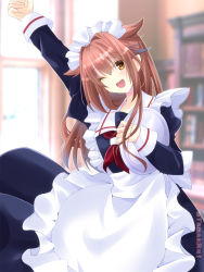 Rule 34 | 1girl, adapted costume, alternate costume, apron, blurry, blurry background, brown eyes, brown hair, clenched hand, cowboy shot, enmaided, gradient hair, hair flaps, highres, kantai collection, long hair, looking at viewer, maid, maid headdress, multicolored hair, neckerchief, red neckerchief, sailor collar, shiratsuyu (kancolle), shiratsuyu kai ni (kancolle), smile, solo, tamak rui, tray, white apron, white sailor collar, window