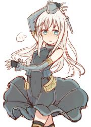 Rule 34 | 1girl, adapted costume, arm up, arm warmers, bare shoulders, black dress, black thighhighs, black vest, blonde hair, blue eyes, blush, collar, cowboy shot, cropped vest, dress, embarrassed, garrison cap, grey hat, hat, highres, kantai collection, long hair, looking at viewer, nonono (mino), nose blush, open clothes, open vest, simple background, solo, speech bubble, spoken blush, sweatdrop, thighhighs, u-511 (kancolle), very long hair, vest, white background, zettai ryouiki