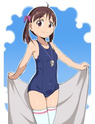 Rule 34 | 1girl, ahoge, bare shoulders, blue one-piece swimsuit, breasts, brown eyes, brown hair, collarbone, commentary, covered navel, cowboy shot, hair ribbon, long hair, looking at viewer, one-piece swimsuit, original, ribbon, school swimsuit, small breasts, smile, solo, suikasan, swimsuit, thighhighs, towel, twintails, whistle, white thighhighs