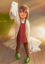 Rule 34 | 1girl, age regression, aged down, bad id, bad pixiv id, blue eyes, brown hair, child, inuzuka bouru, lab coat, long hair, makise kurisu, open mouth, oversized clothes, pantyhose, sleeves past wrists, slippers, smile, solo, steins;gate