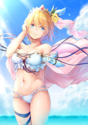 Rule 34 | 1girl, arm behind back, bare shoulders, bikini, bit (keikou syrup), blonde hair, blue bikini, blue eyes, blue sky, blush, breasts, cleavage, cloud, collarbone, cowboy shot, day, europa (granblue fantasy), europa (summer) (granblue fantasy), floating hair, flower, granblue fantasy, hair between eyes, hair flower, hair ornament, hand up, highres, large breasts, looking away, navel, outdoors, short hair, skindentation, sky, smile, solo, stomach, swimsuit, thighs, tiara, wind
