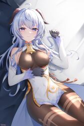 Rule 34 | 1girl, absurdres, ahoge, bed sheet, black gloves, blue hair, blush, bodystocking, breasts, commentary, detached sleeves, doraski, ganyu (genshin impact), genshin impact, gloves, hand up, high-waist skirt, highres, horns, large breasts, long hair, long sleeves, looking at viewer, lying, on back, purple eyes, skirt, smile, solo, thighs, very long hair, white skirt