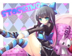 Rule 34 | 10s, 1girl, bad id, bad pixiv id, black hair, blue eyes, bow, colored inner hair, dress, hair bow, honekoneko (psg), kosuzume, long hair, multicolored hair, panty &amp; stocking with garterbelt, smile, sock pull, solo, stocking (psg), striped clothes, striped thighhighs, stuffed animal, stuffed cat, stuffed toy, thighhighs