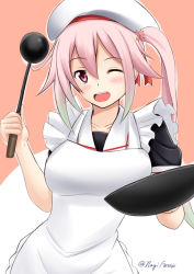 Rule 34 | 10s, 1girl, ;d, apron, breasts, frying pan, fuuma nagi, gradient hair, green hair, hair ornament, harusame (kancolle), hat, holding, kantai collection, ladle, long hair, looking at viewer, multicolored hair, one eye closed, open mouth, pink eyes, pink hair, school uniform, serafuku, side ponytail, smile, solo