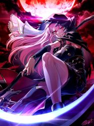 Rule 34 | 1girl, black dress, black nails, breasts, buru-dai, cape, dress, feet out of frame, floating hair, full moon, gleam, highres, holding, holding scythe, hololive, hololive english, hood, hood up, large breasts, long hair, looking at viewer, moon, mori calliope, mori calliope (1st costume), pink hair, red eyes, red moon, red sky, scythe, signature, single thighhigh, sky, spiked hood, thighhighs, torn cape, torn clothes, virtual youtuber, white veil