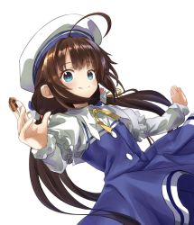 Rule 34 | 10s, 1girl, ahoge, beret, between fingers, blue dress, blue eyes, blush, board game, brown hair, chiizu ore, closed mouth, commentary request, dress, fingernails, hair ribbon, hat, highres, hinatsuru ai, holding, layered sleeves, long hair, long sleeves, looking at viewer, low twintails, puffy short sleeves, puffy sleeves, ribbon, ryuuou no oshigoto!, school uniform, shogi, short over long sleeves, short sleeves, simple background, smile, solo, twintails, very long hair, white background, white hat, yellow ribbon