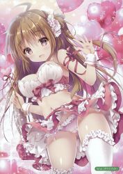 Rule 34 | 1girl, :d, absurdres, ahoge, artist name, asymmetrical legwear, balloon, bare shoulders, blush, bow, bow panties, breasts, brown hair, cameltoe, clothes lift, crop top, flower, frilled panties, frilled thighhighs, frills, hair between eyes, hair flower, hair ornament, hands up, heart, heart balloon, highres, holding, kino (kino konomi), large breasts, long hair, looking at viewer, one side up, open mouth, original, panties, pink panties, pink ribbon, pink skirt, purple eyes, ribbon, scan, skirt, skirt lift, smile, solo, thighhighs, underwear, uneven legwear, very long hair, white flower, white ribbon, white thighhighs, wrist cuffs