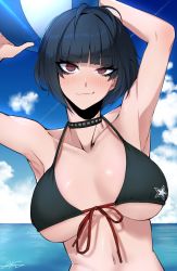 Rule 34 | 1girl, ball, beachball, bikini, black bikini, black hair, choker, commentary, english commentary, eyelashes, front-tie bikini top, front-tie top, holding, holding ball, j.k., looking at viewer, persona, persona 5, red eyes, short hair, solo, spiked choker, spikes, swimsuit, takemi tae