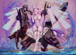 Rule 34 | 1girl, absurdres, adapted costume, afloat, aged up, alternate costume, azur lane, commentary, detached sleeves, dress, hair bun, highres, holding, horizon, horns, long hair, looking at viewer, machinery, name connection, object namesake, ocean, pantyhose, purple eyes, purple hair, single hair bun, single horn, smile, solo, staff, unicorn, unicorn (azur lane), white dress, white pantyhose, yan mei