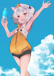 Rule 34 | 1girl, animal ears, arm up, armpits, black shorts, blue sky, bottle, cloud, cowboy shot, day, flat chest, hat ornament, holding, holding bottle, hood, original, outdoors, red eyes, shiromiso, short hair, short shorts, shorts, silver hair, sky, sleeveless, smile, solo, standing, water bottle